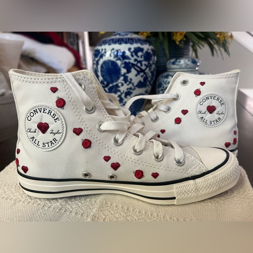 Converse Chuck Taylor White High-Tops with Red Heart ❤️ and Roses 🌹 Details
